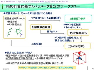 ・構造作成
・ペア配置生成
ペア座標リスト（各2000配置）
FMOの相互作用
エネルギーリスト
ABINIT-MP
配向リスト
Metropolis MC
配向情報の取得
ペア間平均相互作用(Eij )
異方性の指標(Sf )
𝝌(ZΔE×Sf/RT)
配置生成モジュール
Z（配位数）
◆異方性の指標(Sf )の導入：
・特定の配向で強い相互作用を示す系：平均相互作用を過大評価
・MC法採用配置の配向の偏りから相互作用をスケーリング
◆配置生成からパラメータ算出処理までの自動化
⇒単純な二成分系の相転移臨界温度が実験と良好な一致
FMO計算に基づくパラメータ算定のワークフロー
Ref.; K. Okuwaki et al., J. Phys. Chem. B, 122 (2018) 338. & 奥脇ら, J. Comp. Chem. Jpn., 17 (2018) 102.
ワークフローを汎用システム化してリリース （名称はFCEWS) 79
2022/6/14
 