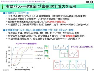 2022/6/14 87
有効パラメータ算定に「富岳」の計算力を活用
【富岳】
■圧倒的なノード（コア）数
・ セグメント対あたりで2千ショットのFMO計算 （機械学習による効率化も作業中）
・ 多成分系の算定を小規模サーバで行うと数週間～月の時間に
・ capacity computing文脈で大量ジョブをFCEWSで自動投入
・ 中規模系なら（待ち行列が短ければ）数日内に完了 （FMO-MP2/6-31G(d’)レベル）
■産学連携のPJ（hp210261一般機動的課題：2021年11月からの1年間）
・ 立教大が主導、J社さんが幹事、4社（B社、T1社、T2社、N社）さんが参加
・ 化学工学系でのFCEWS/FMO-DPDの普及を願って （下は電解質膜の解析例）
・ 半期で助走段階は終了、現在後期で各社さんが個別テーマに取り組み中
5
5
5
0.0
0.2
0.4
0.6
0.8
1.0
10 15 20 25 30
Water
connectivity
Water content (Vol%)
Nafion(a)
Nafion(b)
Nafion(c)
SPEEK
A
B C
ナフィオン（上）とSPEEK（下）
水クラスターの連結度評価
Nafion FMO-DPD Ref.; K. Okuwaki et al., RSC Adv. 8 (2018) 34582.
 