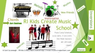 RI Kids Create Music
School
Piano Camp Schedule
6/22/2015 –7/231/2015
One Week Sessions
401-297-6681
(Mobil)
I
© Gail Cavanaugh - RI Kids Create Music School http://www.ri-kids-createmusic.com
New Friends
Chords
Inversions
Sharps #
 