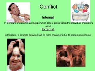 Conflict     Internal : In literature and drama, a struggle which takes   place within the individual characters mind  External : In literature, a struggle between two or more characters due to some outside force       