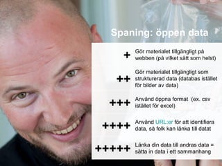 Spaning: öppen data

    +   Gör materialet tillgängligt på
        webben (på vilket sätt som helst)

        Gör materialet tillgängligt som
   ++   strukturerad data (databas istället
        för bilder av data)


  +++   Använd öppna format (ex. csv
        istället för excel)



 ++++   Använd URL:er för att identifiera
        data, så folk kan länka till datat



+++++   Länka din data till andras data =
        sätta in data i ett sammanhang
 