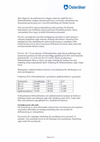 �Österåker
från tidigare år, då ersättning även tidigare endast har utgått för elev i
förberedelseklass (tidigare internationell klass) och övriga verksamheter har
finansierats genom peng och i vissa fall statsbidrag och viktade resurser.
Från och med2016 utgår grundersättning enligt prislistan för förskola,
förskoleklass och fritidshem enligt kommunens fastställda prislista. I dessa
verksamheter finns ingen så kallad förberedelseverksamhet.
För elev i grundskolan som efter kartläggning och beslut av rektor placeras i
ordinarie grupp/klass utgår ordinarie skolpeng efter årskurs. Dessutom finns
möjlighet att söka statsbidrag för utökad undervisning av nyanlända (7000
kr/elev/termin) och en del av resurserna till förskola och skola viktas också efter
socioekonomiska faktorer (salsa).
För elev i åk 1-9 som placeras i förberedelseklass utgår dels grundbelopp enligt
kommunens prislista och dels ett extra tillägg uppdelat på ett eller två år beroende
på årskurs(Åk 1-3 i ett år och Åk4-9 i två år). Beslut om placering i
förberedelseklass fattas av rektor och utgör underlag för ansökan om extra
ersättning enligt nedanstående tabell. Ersättning för förberedelseklass utgår i högst
två år.
Mottagande i språkintroduktion beslutas av huvudmannen för utbildningen (t ex
rektor på delegation).
Ersättning2016, förberedelseklass i grundskola, språkintroduktion i gymnasiet:
Verksamhet Grundbelopp År1 År2
Åk 1-3 53400 24 000 0
Åk4-5 58 820 24 000 12 000
Åk6-9 70 100 24 000 12 000
Språkintroduktion 72 000 28 000 14 000
Verksamheterna förberedelseklass och språkintroduktion kommer att bedrivas i
befintliga lokaler och ersättning utgår exkl. lokalpeng under2016 . Under tiden
följs verksamheterna upp gällande bl.a. lokalbehovet framöver.
Statsbidrag från olika håll
För finansiering av stora oförutsedda volymer krävs att kommunen och respektive
verksamhet säkerställer att samtliga statsbidrag söks och används för
delfinansiering av verksamheten.
Kommunen får i dagsläget stadsbidrag för nyanlända elever maximalt10
månader. Alla nyanlända elever är inte flyktingar eller asylsökande. Statsbidrag
utgår endast för asylsökande.
Sida 6 av 7
 