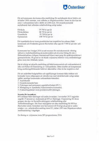 � Österåker
För att kommunen ska kunna söka stadsbidrag för asylsökande elever behövs ett
så kallat LMA nummer, som utfärdas av Migrationsverket. Innan en elev kan tas
emot i verksamheten krävs därför ett LMA kort. För ensamkommande
asylsökande barn utbetalas schablonbidrag enligt nedan:
Förskola
Förskoleklass
Grundskola
Gymnasium
59 700 kr per år
48 750 kr per år
95 700 kr per år
108 750 kr per år
För nyanlända elever inom grundskolan kan respektive huvudman (både
kommunal och fristående) genom Skolverket söka upp till 7 000 kr per elev och
termin.
Kommunen har i budget 2016 avsatt resurser för socioekonomisk viktning
inklusive studiehandledning på modersmålet och ett extra bidrag för elev i
förberedelseklass (tidigare internationell klass) samt peng för språkintroduktion i
gymnasieskolan. På grund av de ökade volymerna behöver vissa omfördelningar
göras inom den tilldelade ramen.
Det är viktigt att aktuella statsbidrag på både kommunnivå och verksamhetsnivå
söks och bidrar till finansiering av verksamheten. Detta im1ebär att kompetensen
kring ansökningsförfarandet behöver säkerställas vilket åvilar respektive chef.
För att underlätta budgetarbete och uppföljningar kommer både intäkter och
kostnader inom målgruppen att särredovisas med särskilda koder enligt nedan
(gäller samtliga kommunala verksamheter/nämnder)
1. Asylsökande
2. Ensamkommande barn
3. Flyktingar med permanent uppehållstillstånd (PUT )
4. Mottagning av nyanlända (Administrativa kostnader).
5. Evakueringsplatser inom produktionsförvaltningen.
Svenska för invandrare
SFI omfattar både flyktingar och andra invandare. I november 2015 utgjordes
ungefär 27 procent av studerande på SFI av flyktingar. Finansiering för dessa
grupper ska ske via Socialförvaltningens schablonbidrag eller
Arbetsförmedlingen. Det finns möjligheter att söka stadsbidrag för SFI hos
Skolverket också. Invandare som har kommit till Sverige på grund av andra
orsaker, t.ex. arbetskraftinvandring inom EU, deltar i SFI utan Migrationsverkets
medfinansiering i dagsläget.
En ökning av volymerna inom SFI prognostiseras 2016.
Sida 7 av 7
 