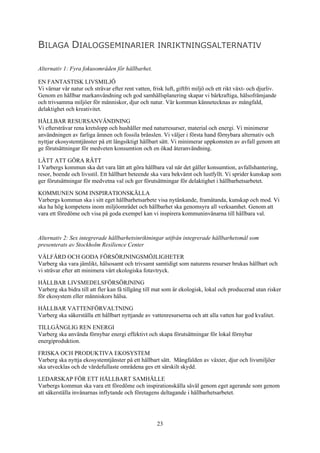 23
BILAGA DIALOGSEMINARIER INRIKTNINGSALTERNATIV
Alternativ 1: Fyra fokusområden för hållbarhet.
EN FANTASTISK LIVSMILJÖ
Vi värnar vår natur och strävar efter rent vatten, frisk luft, giftfri miljö och ett rikt växt- och djurliv.
Genom en hållbar markanvändning och god samhällsplanering skapar vi bärkraftiga, hälsofrämjande
och trivsamma miljöer för människor, djur och natur. Vår kommun kännetecknas av mångfald,
delaktighet och kreativitet.
HÅLLBAR RESURSANVÄNDNING
Vi eftersträvar rena kretslopp och hushåller med naturresurser, material och energi. Vi minimerar
användningen av farliga ämnen och fossila bränslen. Vi väljer i första hand förnybara alternativ och
nyttjar ekosystemtjänster på ett långsiktigt hållbart sätt. Vi minimerar uppkomsten av avfall genom att
ge förutsättningar för medveten konsumtion och en ökad återanvändning.
LÄTT ATT GÖRA RÄTT
I Varbergs kommun ska det vara lätt att göra hållbara val när det gäller konsumtion, avfallshantering,
resor, boende och livsstil. Ett hållbart beteende ska vara bekvämt och lustfyllt. Vi sprider kunskap som
ger förutsättningar för medvetna val och ger förutsättningar för delaktighet i hållbarhetsarbetet.
KOMMUNEN SOM INSPIRATIONSKÄLLA
Varbergs kommun ska i sitt eget hållbarhetsarbete visa nytänkande, framåtanda, kunskap och mod. Vi
ska ha hög kompetens inom miljöområdet och hållbarhet ska genomsyra all verksamhet. Genom att
vara ett föredöme och visa på goda exempel kan vi inspirera kommuninvånarna till hållbara val.
Alternativ 2: Sex integrerade hållbarhetsinriktningar utifrån integrerade hållbarhetsmål som
presenterats av Stockholm Resilience Center
VÄLFÄRD OCH GODA FÖRSÖRJNINGSMÖJLIGHETER
Varberg ska vara jämlikt, hälsosamt och trivsamt samtidigt som naturens resurser brukas hållbart och
vi strävar efter att minimera vårt ekologiska fotavtryck.
HÅLLBAR LIVSMEDELSFÖRSÖRJNING
Varberg ska bidra till att fler kan få tillgång till mat som är ekologisk, lokal och producerad utan risker
för ekosystem eller människors hälsa.
HÅLLBAR VATTENFÖRVALTNING
Varberg ska säkerställa ett hållbart nyttjande av vattenresurserna och att alla vatten har god kvalitet.
TILLGÄNGLIG REN ENERGI
Varberg ska använda förnybar energi effektivt och skapa förutsättningar för lokal förnybar
energiproduktion.
FRISKA OCH PRODUKTIVA EKOSYSTEM
Varberg ska nyttja ekosystemtjänster på ett hållbart sätt. Mångfalden av växter, djur och livsmiljöer
ska utvecklas och de värdefullaste områdena ges ett särskilt skydd.
LEDARSKAP FÖR ETT HÅLLBART SAMHÄLLE
Varbergs kommun ska vara ett föredöme och inspirationskälla såväl genom eget agerande som genom
att säkerställa invånarnas inflytande och företagens deltagande i hållbarhetsarbetet.
 