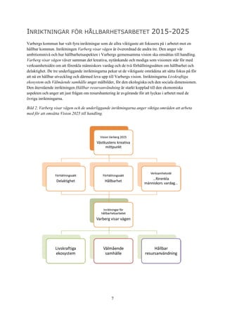 7
INRIKTNINGAR FÖR HÅLLBARHETSARBETET 2015-2025
Varbergs kommun har valt fyra inriktningar som de allra viktigaste att fokusera på i arbetet mot en
hållbar kommun. Inriktningen Varberg visar vägen är överordnad de andra tre. Den anger vår
ambitionsnivå och hur hållbarhetsaspekten i Varbergs gemensamma vision ska omsättas till handling.
Varberg visar vägen väver samman det kreativa, nytänkande och modiga som visionen står för med
verksamhetsidén om att förenkla människors vardag och de två förhållningssätten om hållbarhet och
delaktighet. De tre underliggande inriktningarna pekar ut de viktigaste områdena att sätta fokus på för
att nå en hållbar utveckling och därmed leva upp till Varbergs vision. Inriktningarna Livskraftiga
ekosystem och Välmående samhälle anger målbilder, för den ekologiska och den sociala dimensionen.
Den återstående inriktningen Hållbar resursanvändning är starkt kopplad till den ekonomiska
aspekten och anger att just frågan om resurshantering är avgörande för att lyckas i arbetet med de
övriga inriktningarna.
Bild 2. Varberg visar vägen och de underliggande inriktningarna anger viktiga områden att arbeta
med för att omsätta Vision 2025 till handling.
 