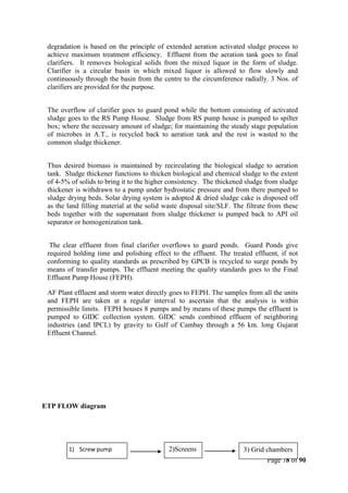 Page 78 of 90
degradation is based on the principle of extended aeration activated sludge process to
achieve maximum treatment efficiency. Effluent from the aeration tank goes to final
clarifiers. It removes biological solids from the mixed liquor in the form of sludge.
Clarifier is a circular basin in which mixed liquor is allowed to flow slowly and
continuously through the basin from the centre to the circumference radially. 3 Nos. of
clarifiers are provided for the purpose.
The overflow of clarifier goes to guard pond while the bottom consisting of activated
sludge goes to the RS Pump House. Sludge from RS pump house is pumped to spilter
box; where the necessary amount of sludge; for maintaining the steady stage population
of microbes in A.T., is recycled back to aeration tank and the rest is wasted to the
common sludge thickener.
Thus desired biomass is maintained by recirculating the biological sludge to aeration
tank. Sludge thickener functions to thicken biological and chemical sludge to the extent
of 4-5% of solids to bring it to the higher consistency. The thickened sludge from sludge
thickener is withdrawn to a pump under hydrostatic pressure and from there pumped to
sludge drying beds. Solar drying system is adopted & dried sludge cake is disposed off
as the land filling material at the solid waste disposal site/SLF. The filtrate from these
beds together with the supernatant from sludge thickener is pumped back to API oil
separator or homogenization tank.
The clear effluent from final clarifier overflows to guard ponds. Guard Ponds give
required holding time and polishing effect to the effluent. The treated effluent, if not
conforming to quality standards as prescribed by GPCB is recycled to surge ponds by
means of transfer pumps. The effluent meeting the quality standards goes to the Final
Effluent Pump House (FEPH).
AF Plant effluent and storm water directly goes to FEPH. The samples from all the units
and FEPH are taken at a regular interval to ascertain that the analysis is within
permissible limits. FEPH houses 8 pumps and by means of these pumps the effluent is
pumped to GIDC collection system. GIDC sends combined effluent of neighboring
industries (and IPCL) by gravity to Gulf of Cambay through a 56 km. long Gujarat
Effluent Channel.
ETP FLOW diagram
1) Screw pump 2)Screens 3) Grid chambers
 