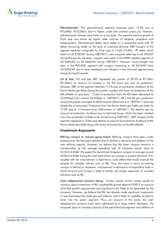 Reliance Industries | 2QFY2011 Result Update
October 30, 2010 6
Petrochemicals: The petrochemical segment revenues grew 13.2% yoy to
`15,096cr (`13,340cr) due to higher crude and product prices yoy. However,
petrochemical volumes were lower on a yoy basis. The segment top-line growth of
8.6% qoq was driven by higher sales volumes of ethylene, propylene and
polypropylene. Petrochemical deltas were stable on a sequential basis with PP
deltas remaining stable on the back of sustained demand. EBIT margins of the
segment declined marginally by 21bp qoq to 14.6% (14.8%). PP delta, which
stood at US $100/MT during 1QFY2011, saw marginal softening to US $94/MT
during the quarter. However, margins were weak in the HDPE-naphtha segment at
US $485/MT v/s US $546/MT during 1QFY2011. However, some strength was
seen in the PVC-EDC segment with margins improving to US $410/MT from
US $399/MT due to lower feedstock cost. Margins in the chemical segment were
strong during the quarter.
Oil & Gas: Oil and gas EBIT registered yoy growth of 39.2% to `1,706cr
(`1,226cr) on account of increase in the KG basin gas and oil production.
However, EBIT of the segment declined 11.2% qoq on production shutdown at the
Panna Mukta gas fields during the quarter coupled with lower oil production at the
MA oilfields on qoq basis. Crude oil production from the KG basin decreased to
22,229bpd from around 24,249bpd in 1QFY2011. RIL’s KG-D6 gas production
during the quarter averaged at 58.5mmscmd (59mmscmd in 1QFY2011) and was
largely flat on qoq basis. Production from the Panna Mukta gas fields was lower by
77.9% qoq to 111mmscm from 502mmscm in 1QFY2011. The decline was on
account of production shutdown due to technical issues, which has been resolved
now, thus production is likely to be normal during 3QFY2011. EBIT margins of the
segment registered a 153bp qoq decline on account of production shutdown at the
Panna Mukta gas fields along with lower oil production at the MA oilfields.
Investment Arguments
Refining margins to improve going ahead: Refining margins have been under
pressure over the last eight quarters due to decline in demand and addition of the
new refining capacity. However, we believe that the lower margins scenario is
unsustainable as the average operating cost of refineries stands close to
US $3.5-4.0/bbl. We expect the benchmark Singapore margins to average around
US $4.5-5.0/bbl during the next fiscal driven by increase in product demand. This,
coupled with the improvement in light-heavy crude differential would improve the
spreads for complex refiners such as RIL. Thus, the worst in terms of refining
margins is behind us. Moreover, improvement in demand in transportation fuels in
North America and Europe is likely to further aid margin expansion of complex
refineries such as RIL.
Cash redeployment concerns easing: Certain section of the market voiced its
concerns about sustenance of RIL’s profitability growth beyond FY2012 on account
of limited growth opportunities and significant cash likely to be generated by the
company. However, we believe that RIL has already made significant investments
in new businesses like shale gas and telecom, and is likely to crystallise its plan to
foray into the power segment. Thus, on account of the same, the cash
redeployment concerns have been addressed to a large extent. Moreover, the
proposed plans to increase capacity of the petrochemical segment and addition of
 
