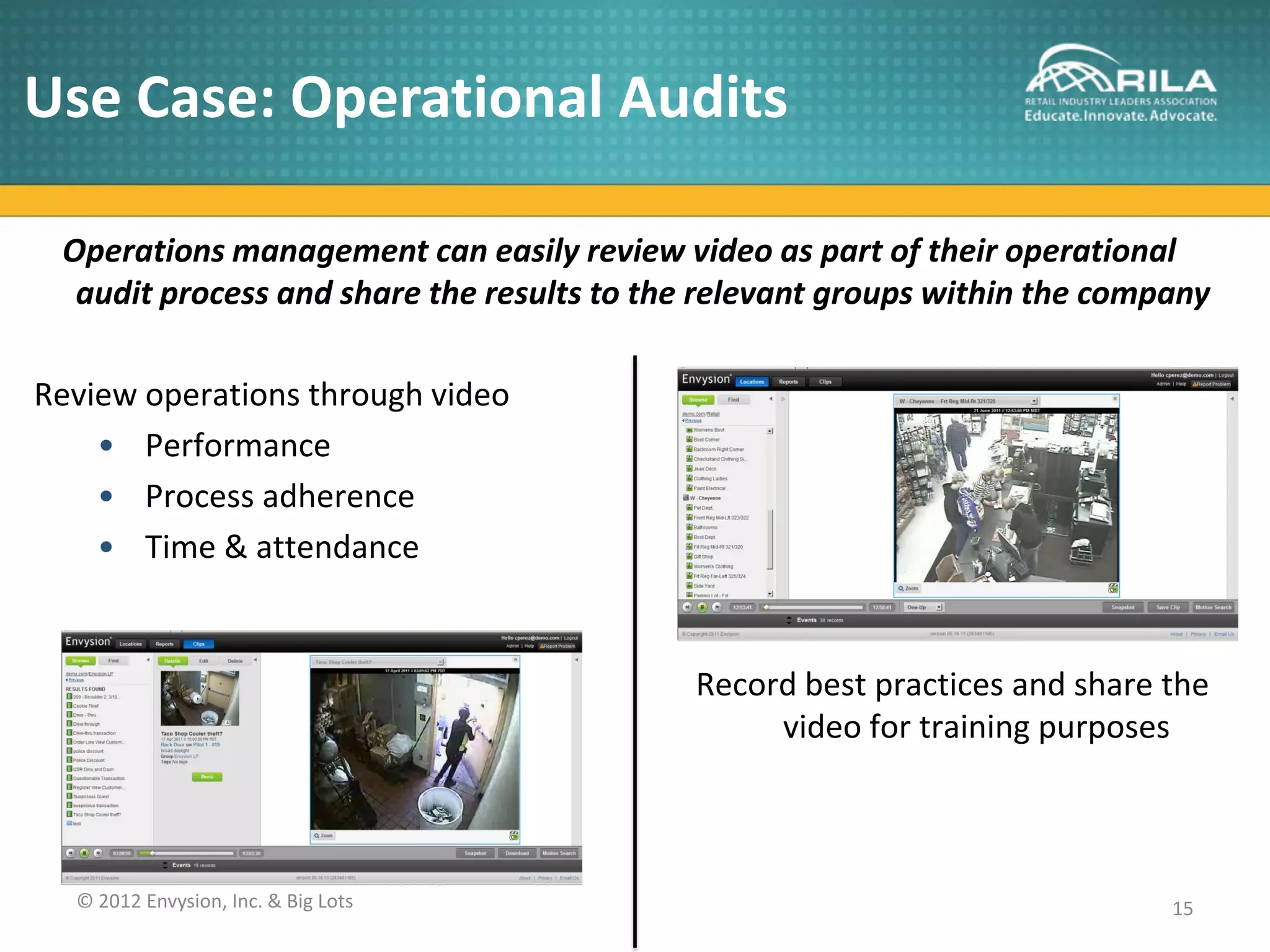 Use Case: Operational Audits

 Operations management can easily review video as part of their operational
  audit process and share the results to the relevant groups within the company

Review operations through video
    • Performance
    • Process adherence
    • Time & attendance


                                            Record best practices and share the
                                                 video for training purposes



  © 2012 Envysion, Inc. & Big Lots                                          15
 