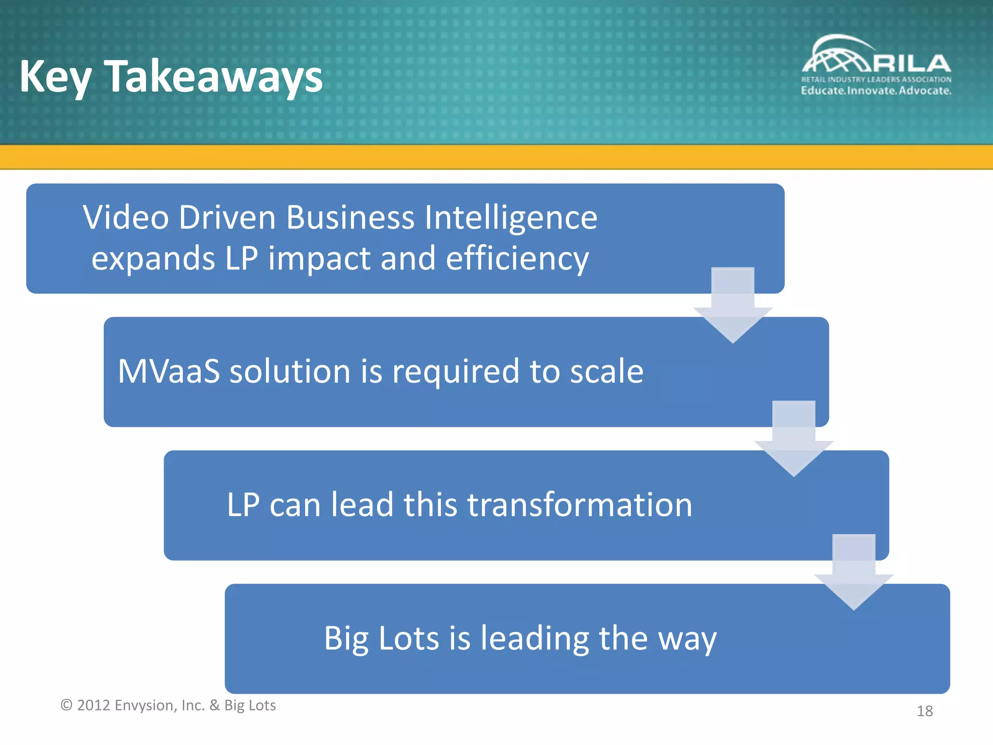 Key Takeaways

    Video Driven Business Intelligence
    expands LP impact and efficiency


         MVaaS solution is required to scale


                         LP can lead this transformation


                                    Big Lots is leading the way
 © 2012 Envysion, Inc. & Big Lots                                 18
 
