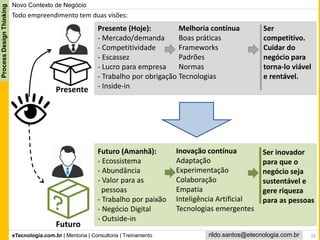 eTecnologia.com.br | Mentoria | Consultoria | Treinamento
ProcessDesignThinking
rildo.santos@etecnologia.com.br 16
Todo empreendimento tem duas visões:
Presente (Hoje):
- Mercado/demanda
- Competitividade
- Escassez
- Lucro para empresa
- Trabalho por obrigação
- Inside-in
Futuro (Amanhã):
- Ecossistema
- Abundância
- Valor para as
pessoas
- Trabalho por paixão
- Negócio Digital
- Outside-in
Ser
competitivo.
Cuidar do
negócio para
torna-lo viável
e rentável.
Ser inovador
para que o
negócio seja
sustentável e
gere riqueza
para as pessoas
Novo Contexto de Negócio
Presente
Futuro
Melhoria contínua
Boas práticas
Frameworks
Padrões
Normas
Tecnologias
Inovação contínua
Adaptação
Experimentação
Colaboração
Empatia
Inteligência Artificial
Tecnologias emergentes
 