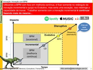 eTecnologia.com.br | Mentoria | Consultoria | Treinamento
ProcessDesignThinking
rildo.santos@etecnologia.com.br
Inovação: Inovação com BPM
Exemplo Streaming de Música
Tempo
Impacto
Incremental
Evolutivo
Disruptivo
Streaming
(assinatura)
Criou um
novo
mercado
LP
CD
MP3
29
BPM
(melhoria
contínua)
BPM
(ocasional)
BPMBPM
Utilizando a BPM com foco em melhoria contínua, é ficar somente no retângulo da
inovação incremental e quiçá no Evolutivo, mas seria uma exceção, isso restringe a
capacidade de inovar. Trabalhar somente com a inovação incremental é continuar
fazendo mais do mesmo...
 