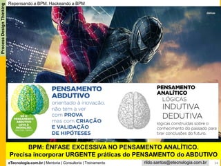 eTecnologia.com.br | Mentoria | Consultoria | Treinamento
ProcessDesignThinking
rildo.santos@etecnologia.com.br
Repensando a BPM. Hackeando a BPM
BPM: ÊNFASE EXCESSIVA NO PENSAMENTO ANALÍTICO.
Precisa incorporar URGENTE práticas do PENSAMENTO do ABDUTIVO
34
 