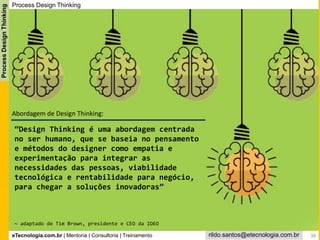 eTecnologia.com.br | Mentoria | Consultoria | Treinamento
ProcessDesignThinking
rildo.santos@etecnologia.com.br
Process Design Thinking
Abordagem de Design Thinking:
“Design Thinking é uma abordagem centrada
no ser humano, que se baseia no pensamento
e métodos do designer como empatia e
experimentação para integrar as
necessidades das pessoas, viabilidade
tecnológica e rentabilidade para negócio,
para chegar a soluções inovadoras”
~ adaptado de Tim Brown, presidente e CEO da IDEO
38
 