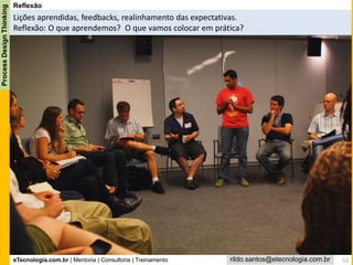 eTecnologia.com.br | Mentoria | Consultoria | Treinamento
ProcessDesignThinking
rildo.santos@etecnologia.com.br
Reflexão
Lições aprendidas, feedbacks, realinhamento das expectativas.
Reflexão: O que aprendemos? O que vamos colocar em prática?
52
 