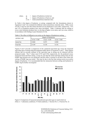 where,

αi
= degree of hydration at initial set,
αf
= degree of hydration at final set, and
w/cm = water-cementitious materials ratio.

In Table 6 the degree of hydration at setting computed with the formulations shown in
,
Equations 6 and 7 are evaluated for different water-cementitious materials ratios. With a w/cm
of 0.50, it may be seen that initial and final set are predicted to occur after, respectively, 7.5%
and 13% of hydration products have been developed. Table 6 indicates that for setting to
occur, more hydration products have to develop at higher w/cm ratios, and visa versa, which is
in accordance with findings in past literature [13,14].
Table 6: The effect of different w/cm ratios on the degree of hydration at setting
Degree of Hydration
ASTM C 403
w/cm = 0.40
w/cm = 0.50
w/cm = 0.60
Initial Set

0.060

0.075

0.090

Final Set

0.104

0.130

0.156

Equivalent Age at Initial Set (Hours)

Figures 4 and 5 provide a comparison of the predicted equivalent age versus the measured
equivalent age at setting using the proposed model shown in Equations 6 and 7. These figures
indicate that an accurate estimate of the equivalent age at setting can be obtained with the
proposed model. The r2 values were 0.735 and 0.766, respectively, for the predicted versus
measured initial and final setting. It may be seen that the initial and final setting times for the
GGBF slag mixtures are over predicted, and this effect is present in all three cases where the
setting of GGBF slag was tested. This may be due to the fact that setting occurs at an earlier
degree of hydration. It is recommended that the interaction between setting and hydration of
GGBF slag be further investigated.
Initial Set
Predicted

16
14
12
10
8
6
4
2

7F

7L

6F

6L

5F-2

5F-1

5L

4F-2

4F-1

4L

3F

3L

2L

1L

0

Mix No.

Figure 4: Comparison of measured and predicted equivalent ages to reach initial set
(Note: L = Laboratory conditions, F=Field conditions, 1=Section No.1, 2=Section No. 2)

SCHINDLER, Prediction of Concrete Setting, 8/14
Fax: (334) 844-6290
E-mail: antons@eng.auburn.edu

 
