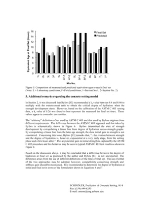 Equivalent Age at Final Set (Hours)

16

Final Set
Predicted

14
12
10
8
6
4
2

7F

7L

6F

6L

5F-2

5F-1

5L

4F-2

4F-1

4L

3F

3L

2L

1L

0

Mix No.

Figure 5: Comparison of measured and predicted equivalent ages to reach final set
(Note: L = Laboratory conditions, F=Field conditions, 1=Section No.1, 2=Section No. 2)

5. Additional remarks regarding the concrete setting model
In Section 2, it was discussed that Byfors [13] recommended a ks value between 0.4 and 0.46 to
multiply with the water-cement ratio to obtain the critical degree of hydration when the
strength development starts. However, based on the calibration of the ASTM C 403 setting
data, a ks value of 0.26 was found to best represent the measured the final set times. These
values appear to contradict one another.
The “arbitrary” definition of set used by ASTM C 403 and that used by Byfors originate from
different requirements. The difference between the ASTM C 403 approach and that taken by
Byfors is schematically shown in Figure 6. Byfors determined the start of strength
development by extrapolating a linear line from degree of hydration versus strength graphs.
By extrapolating a linear line from the later age strength, the slow initial gain in strength is not
considered. Concerning this issue, Byfors [13] remarks that, “...the relation between strength
and the degree of hydration is, however, exponential at a very early stage, from the setting
phase and a few hours after.” This exponential gain in initial strength is captured by the ASTM
C 403 procedure and this behavior may be seen in typical ASTM C 403 test results as shown in
Figure 2.
Based on the discussion above, it may be concluded that a difference between the degree of
hydration at final set as proposed by the author and Byfors [13] is not unexpected. The
difference arises from the use of different definitions of the time of final set. The use of either
of the two approaches may be adopted; however, compatibility concerning strength and
stiffness gain should be maintained. It is recommended to determine the degree of hydration at
initial and final set in terms of the formulation shown in Equations 6 and 7.

SCHINDLER, Prediction of Concrete Setting, 9/14
Fax: (334) 844-6290
E-mail: antons@eng.auburn.edu

 