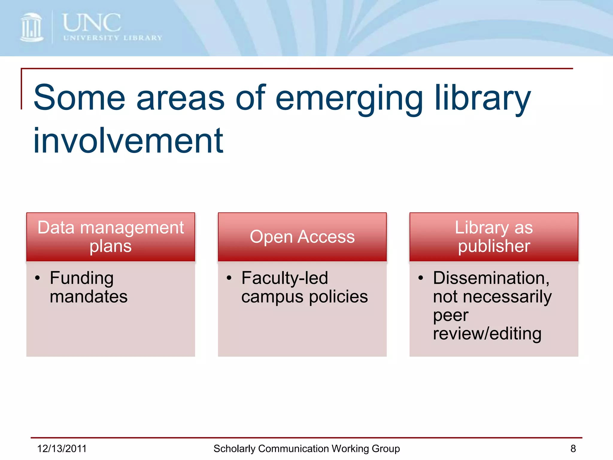 Some areas of emerging library
involvement
Data management
plans
• Funding
mandates
Open Access
• Faculty-led
campus policies
Library as
publisher
• Dissemination,
not necessarily
peer
review/editing
12/13/2011 Scholarly Communication Working Group 8
 