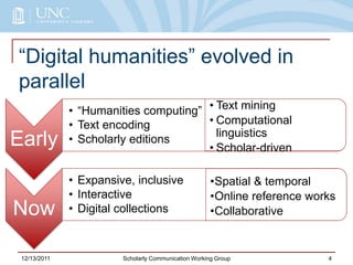 “Digital humanities” evolved in
parallel
12/13/2011 Scholarly Communication Working Group 4
Early
• “Humanities computing”
• Text encoding
• Scholarly editions
Now
• Expansive, inclusive
• Interactive
• Digital collections
• Text mining
• Computational
linguistics
• Scholar-driven
•Spatial & temporal
•Online reference works
•Collaborative
 