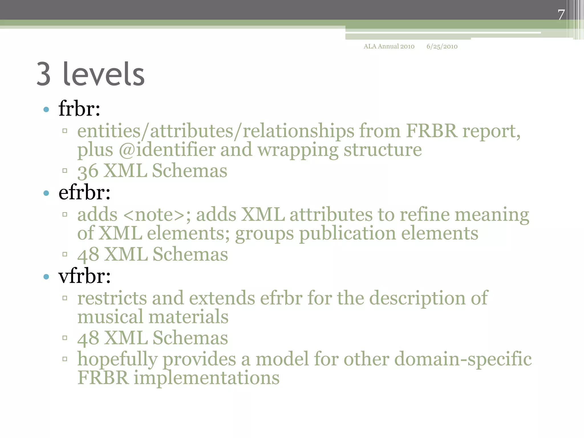 7
ALA Annual 2010

6/25/2010

3 levels
• frbr:

▫ entities/attributes/relationships from FRBR report,
plus @identifier and wrapping structure
▫ 36 XML Schemas

• efrbr:

▫ adds <note>; adds XML attributes to refine meaning
of XML elements; groups publication elements
▫ 48 XML Schemas

• vfrbr:

▫ restricts and extends efrbr for the description of
musical materials
▫ 48 XML Schemas
▫ hopefully provides a model for other domain-specific
FRBR implementations

 