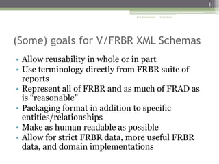6
ALA Annual 2010

6/25/2010

(Some) goals for V/FRBR XML Schemas
• Allow reusability in whole or in part
• Use terminology directly from FRBR suite of
reports
• Represent all of FRBR and as much of FRAD as
is “reasonable”
• Packaging format in addition to specific
entities/relationships
• Make as human readable as possible
• Allow for strict FRBR data, more useful FRBR
data, and domain implementations

 
