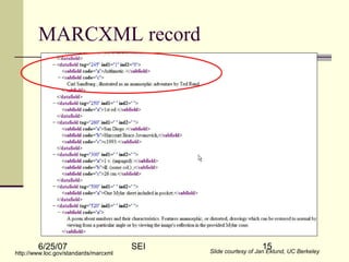 6/25/07 SEI 15
http://www.loc.gov/standards/marcxml Slide courtesy of Jan Eklund, UC Berkeley
MARCXML record
 