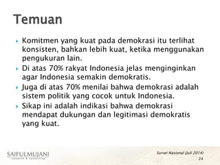  Komitmen yang kuat pada demokrasi itu terlihat
konsisten, bahkan lebih kuat, ketika menggunakan
pengukuran lain.
 Di atas 70% rakyat Indonesia jelas menginginkan
agar Indonesia semakin demokratis.
 Juga di atas 70% menilai bahwa demokrasi adalah
sistem politik yang cocok untuk Indonesia.
 Sikap ini adalah indikasi bahwa demokrasi
mendapat dukungan dan legitimasi demokratis
yang kuat.
Temuan
24
Survei Nasional (Juli 2014)
 