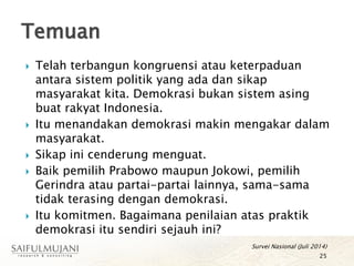  Telah terbangun kongruensi atau keterpaduan
antara sistem politik yang ada dan sikap
masyarakat kita. Demokrasi bukan sistem asing
buat rakyat Indonesia.
 Itu menandakan demokrasi makin mengakar dalam
masyarakat.
 Sikap ini cenderung menguat.
 Baik pemilih Prabowo maupun Jokowi, pemilih
Gerindra atau partai-partai lainnya, sama-sama
tidak terasing dengan demokrasi.
 Itu komitmen. Bagaimana penilaian atas praktik
demokrasi itu sendiri sejauh ini?
Temuan
25
Survei Nasional (Juli 2014)
 