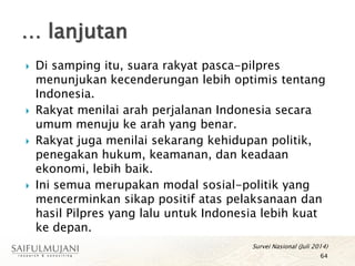 Di samping itu, suara rakyat pasca-pilpres
menunjukan kecenderungan lebih optimis tentang
Indonesia.
 Rakyat menilai arah perjalanan Indonesia secara
umum menuju ke arah yang benar.
 Rakyat juga menilai sekarang kehidupan politik,
penegakan hukum, keamanan, dan keadaan
ekonomi, lebih baik.
 Ini semua merupakan modal sosial-politik yang
mencerminkan sikap positif atas pelaksanaan dan
hasil Pilpres yang lalu untuk Indonesia lebih kuat
ke depan.
… lanjutan
64
Survei Nasional (Juli 2014)
 