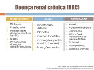 Doença renal crônica (DRC)
FATORES DE RISCO
http://www.sbn.org.br/publico/insuficiencia-renal
http://www.abcdasaude.com.br/nefrologia/doenca-renal-cronica
CAUSAS
 Hipertensão
Arterial;
 Diabetes;
 Glomerulonefrites;
 Obstruções (pedras
nos rins, tumores);
 Infecções nos rins.
 Diabetes;
 Pressão alta;
 Pessoas com
doença renal na
família;
 Idosos;
 Pessoas com
doenças
cardiovasculares.
COMPLICAÇÕES
 Anemia;
 Acidose metabólica;
 Desnutrição
 Alteração do
metabolismo de
cálcio e fósforo
 Proteinúria;
 Hiperlipidemia;
 Síndrome Urêmica
 