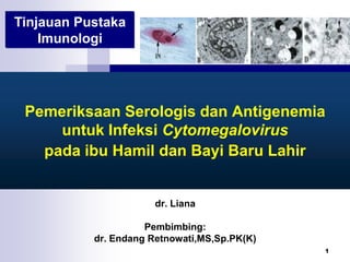 1 Tinjauan Pustaka Imunologi Pemeriksaan Serologis dan Antigenemiauntuk Infeksi Cytomegaloviruspada ibu Hamil dan Bayi Baru Lahir dr. Liana Pembimbing: dr. Endang Retnowati,MS,Sp.PK(K) 