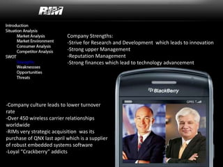 Company Strengths:
-Strive for Research and Development which leads to innovation
-Strong upper Management
-Reputation Management
-Strong finances which lead to technology advancement
-Company culture leads to lower turnover
rate
-Over 450 wireless carrier relationships
worldwide
-RIMs very strategic acquisition was its
purchase of QNX last april which is a supplier
of robust embedded systems software
-Loyal “Crackberry” addicts
 