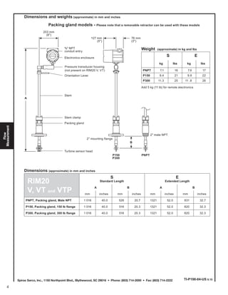 Spirax Sarco, Inc., 1150 Northpoint Blvd., Blythewood, SC 29016 • Phone: (803) 714-2000 • Fax: (803) 714-2222
Flow
Measurement
4
Weight (approximate) in kg and lbs
S E
kg lbs kg lbs
PNPT 7.1 16 7.6 17
P150 9.4 21 9.9 22
P300 11.3 25 11 .8 26
Add 5 kg (11 lb) for remote electronics
Dimensions (approximate) in mm and inches
RIM20
V, VT and VTP
S
Standard Length
E
Extended Length
A B A B
mm inches mm inches mm inches mm inches
PNPT, Packing gland, Male NPT 1 016 40.0 526 20.7 1321 52.0 831 32.7
P150, Packing gland, 150 lb flange 1 016 40.0 516 20.3 1321 52.0 820 32.3
P300, Packing gland, 300 lb flange 1 016 40.0 516 20.3 1321 52.0 820 32.3
Dimensions and weights (approximate) in mm and inches
A
B
203 mm
(8")
127 mm
(5")
76 mm
(3")
Pressure transducer housing
(not present on RIM20 V, VT)
Orientation Lever
2" male NPT
2" mounting flange
¾" NPT
conduit entry
Electronics enclosure
Stem
Turbine sensor head
P150
P300
PNPT
Stem clamp
Packing gland
Packing gland models - Please note that a removable retractor can be used with these models
TI-P198-04-US 6.15
 
