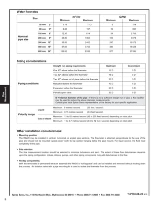 Spirax Sarco, Inc., 1150 Northpoint Blvd., Blythewood, SC 29016 • Phone: (803) 714-2000 • Fax: (803) 714-2222
Flow
Measurement
8
Water flowrates
Size
m3
/hr GPM
Minimum Maximum Minimum Maximum
Nominal
pipe size
50 mm 2" 1.19 71.3 5 314
80 mm 3" 2.62 157 12 691
150 mm 6" 12.30 614 54 2701
200 mm 8" 24.80 1062 109 4678
300 mm 12" 56.00 2402 247 10575
400 mm 16" 87.60 3753 386 16524
600 mm 24" 199.00 8538 877 37590
Sizing considerations
Piping conditions
Straight run piping requirements Upstream Downstream
One 90° elbow before the flowmeter 10 D 5 D
Two 90° elbows before the flowmeter 15 D 5 D
Two 90° elbows out of plane before the flowmeter 30 D 5 D
Reduction before the flowmeter 10 D 5 D
Expansion before the flowmeter 20 D 5 D
Partially open valve 30 D 5 D
D = Internal diameter of the pipe - If there is not a sufficient straight run of pipe, a flow rectifier
may be used to reduce the above diameter measurements.
Consult your local Spirax Sarco representative or the factory for your specific application.
Velocity range
Liquid
Maximum 9 metres/second (30 feet / second)
Minimum 0.15 metres/second (0.5 feet/second)
Gas or steam
Maximum 13 to 62 metres/second (43 to 205 feet/second) depending on rotor pitch
Minimum 1 to 3.7 metres/second (3.5 to 12 feet/second) depending on rotor pitch
Other installation considerations:
- Mounting position
The RIM20 may be installed in vertical, horizontal, or angled pipe sections. The flowmeter is attached perpendicular to the axis of the
pipe and should not be mounted 'upside-down' (with its top section hanging below the pipe mount). For liquid service, the fluid must
completely fill the pipe.
- Site selection
The flow measurement location should be selected to minimize turbulence and swirl. The extent of these flow disturbances depends
upon the piping configuration. Valves, elbows, pumps, and other piping components may add disturbances to the flow.
- Hot-tap compatibility
With the removable or permanent retractor assembly the RIM20 is ‘hot-tappable’ and can be installed and removed without shutting down
the process. An isolation valve with a pipe mounting kit is used to isolate the flowmeter from the process.
TI-P198-04-US 6.15
 