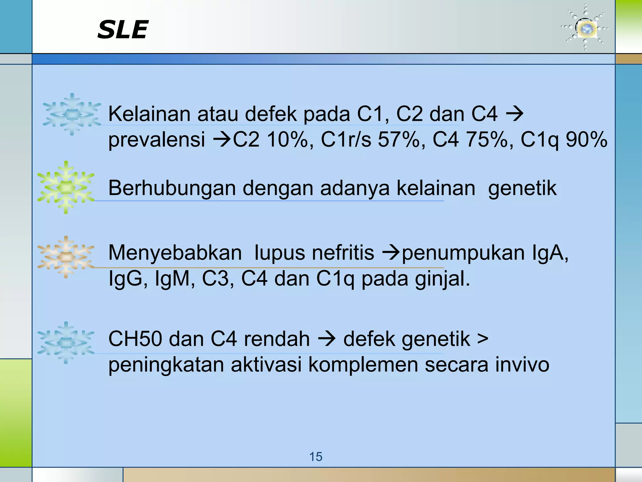 SLE


Kelainan atau defek pada C1, C2 dan C4 
prevalensi C2 10%, C1r/s 57%, C4 75%, C1q 90%

Berhubungan dengan adanya kelainan genetik


Menyebabkan lupus nefritis penumpukan IgA,
IgG, IgM, C3, C4 dan C1q pada ginjal.

CH50 dan C4 rendah  defek genetik >
peningkatan aktivasi komplemen secara invivo



                   15
 