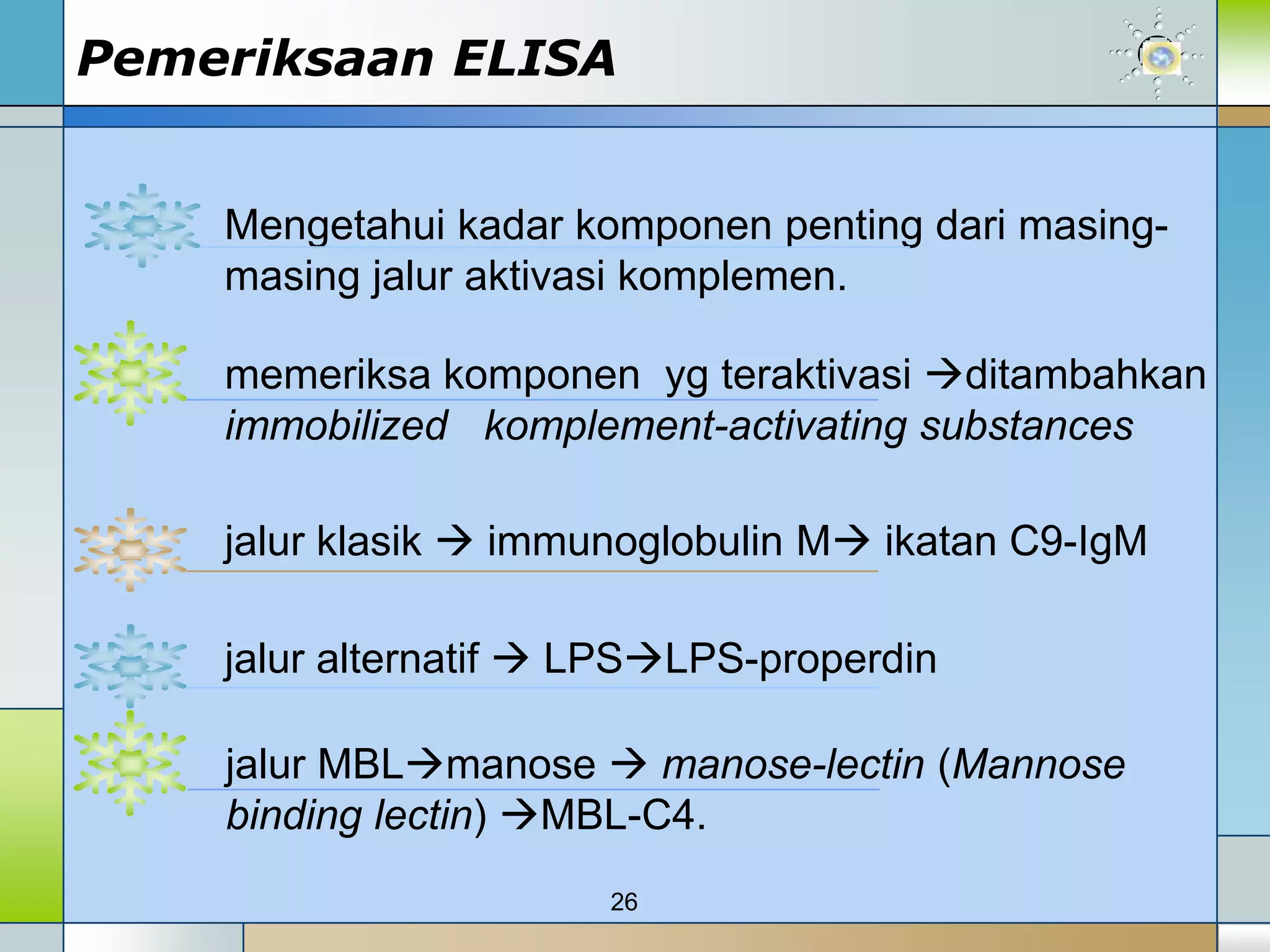 Pemeriksaan ELISA


    Mengetahui kadar komponen penting dari masing-
    masing jalur aktivasi komplemen.

    memeriksa komponen yg teraktivasi ditambahkan
    immobilized komplement-activating substances

    jalur klasik  immunoglobulin M ikatan C9-IgM

    jalur alternatif  LPSLPS-properdin

    jalur MBLmanose  manose-lectin (Mannose
    binding lectin) MBL-C4.
                       26
 