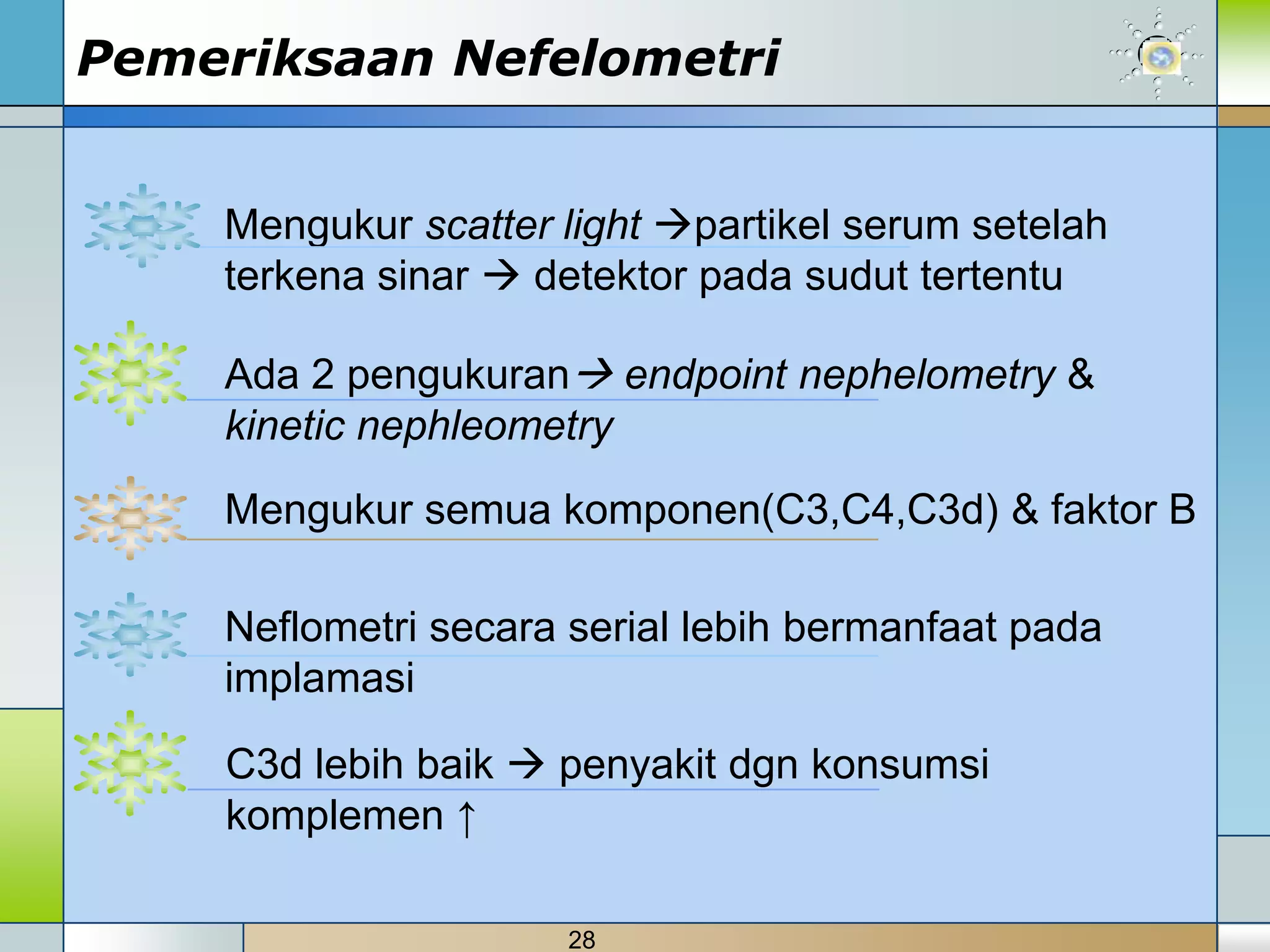 Pemeriksaan Nefelometri


    Mengukur scatter light partikel serum setelah
    terkena sinar  detektor pada sudut tertentu

    Ada 2 pengukuran endpoint nephelometry &
    kinetic nephleometry
    Mengukur semua komponen(C3,C4,C3d) & faktor B

    Neflometri secara serial lebih bermanfaat pada
    implamasi

    C3d lebih baik  penyakit dgn konsumsi
    komplemen ↑

                      28
 