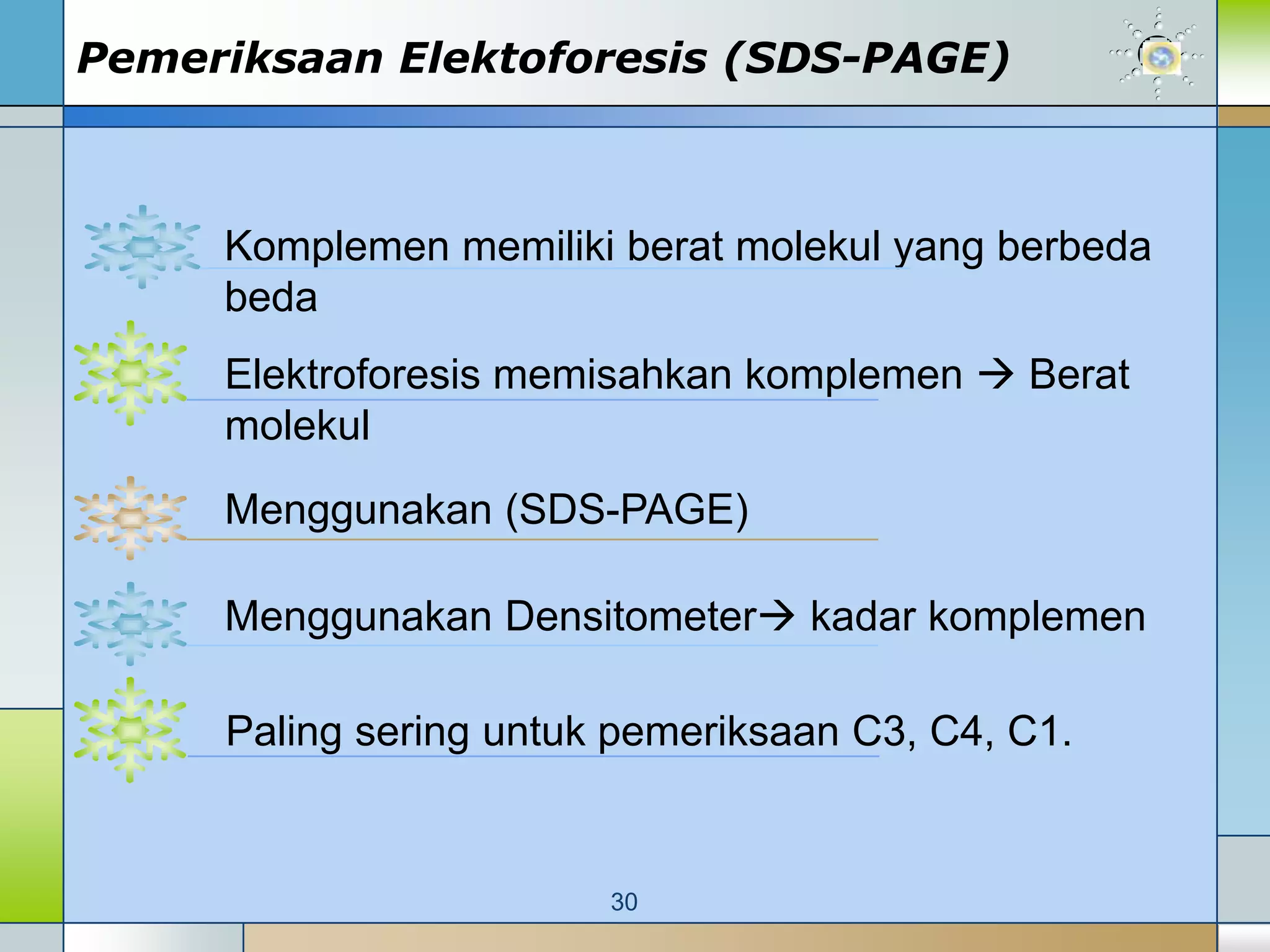 Pemeriksaan Elektoforesis (SDS-PAGE)



     Komplemen memiliki berat molekul yang berbeda
     beda
     Elektroforesis memisahkan komplemen  Berat
     molekul
     Menggunakan (SDS-PAGE)

     Menggunakan Densitometer kadar komplemen

     Paling sering untuk pemeriksaan C3, C4, C1.


                        30
 