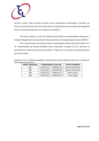 Página 116 de 151 
corredor e poço). Todos os peixes coletados foram imediatamente identificados e liberados nos trechos a jusante do local onde foram capturados. Um representante de cada espécie foi fotografado vivo, em vista lateral esquerda, em um aquário de 15x10x6 cm. 
Os riachos inseridos na área de influência direta (AID) do empreendimento pertencem a Unidade Hidrográfica de Gerenciamento de Recursos Hídricos Piracicaba/Capivari/Jundiaí (UGRHI 5). 
Para o levantamento da ictiofauna, todos os corpos d’água inseridos dentro das Glebas “A” e “B”, desmembradas da Fazenda Pantaleão, foram amostrados. O Quadro 8.2.2.4.1 apresenta as coordenadas de referência dos locais amostrados e a figura 8.2.2.4.1 aponta sua localização dentro da área de estudos. 
Quadro 8.2.2.4.1- Localização geográfica e descrição do tipo de ambiente onde foram realizadas as amostragens da ictiofauna. 
PONTO AMOSTRAL 
COORDENADAS (UTM 23K) 
TIPO DE AMBIENTE 
IC1 
315520.23 E 
7495020.53 S 
Riacho intermitente 
IC2 
315174.38 E 
7495482.38 S 
Riacho intermitente 
IC3 
315202.76 E 
7496251.37 S 
Riacho perene 
IC4 
315324.94 E 
7495578.52 S 
Poça / Lagoa 
 