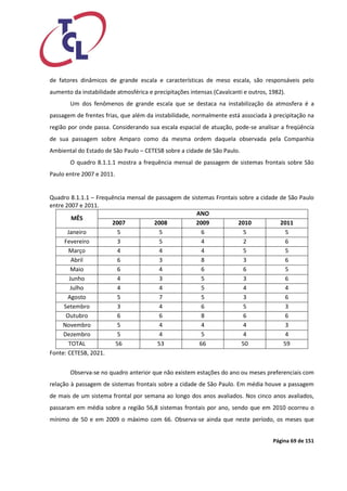 Página 69 de 151 
de fatores dinâmicos de grande escala e características de meso escala, são responsáveis pelo aumento da instabilidade atmosférica e precipitações intensas (Cavalcanti e outros, 1982). 
Um dos fenômenos de grande escala que se destaca na instabilização da atmosfera é a passagem de frentes frias, que além da instabilidade, normalmente está associada à precipitação na região por onde passa. Considerando sua escala espacial de atuação, pode-se analisar a freqüência de sua passagem sobre Amparo como da mesma ordem daquela observada pela Companhia Ambiental do Estado de São Paulo – CETESB sobre a cidade de São Paulo. 
O quadro 8.1.1.1 mostra a frequência mensal de passagem de sistemas frontais sobre São Paulo entre 2007 e 2011. 
Quadro 8.1.1.1 – Frequência mensal de passagem de sistemas Frontais sobre a cidade de São Paulo entre 2007 e 2011. 
MÊS 
ANO 
2007 
2008 
2009 
2010 
2011 
Janeiro 
5 
5 
6 
5 
5 
Fevereiro 
3 
5 
4 
2 
6 
Março 
4 
4 
4 
5 
5 
Abril 
6 
3 
8 
3 
6 
Maio 
6 
4 
6 
6 
5 
Junho 
4 
3 
5 
3 
6 
Julho 
4 
4 
5 
4 
4 
Agosto 
5 
7 
5 
3 
6 
Setembro 
3 
4 
6 
5 
3 
Outubro 
6 
6 
8 
6 
6 
Novembro 
5 
4 
4 
4 
3 
Dezembro 
5 
4 
5 
4 
4 
TOTAL 
56 
53 
66 
50 
59 
Fonte: CETESB, 2021. 
Observa-se no quadro anterior que não existem estações do ano ou meses preferenciais com relação à passagem de sistemas frontais sobre a cidade de São Paulo. Em média houve a passagem de mais de um sistema frontal por semana ao longo dos anos avaliados. Nos cinco anos avaliados, passaram em média sobre a região 56,8 sistemas frontais por ano, sendo que em 2010 ocorreu o mínimo de 50 e em 2009 o máximo com 66. Observa-se ainda que neste período, os meses que  