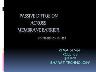 PASSIVE DIFFUSION
ACROSS
MEMBRANE BARRIER
BIOPHARMACEUTICS
RIMA SINGH
ROLL 68
3rd-YEAR
BHARAT TECHNOLOGY
 