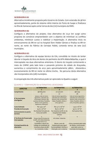 ALTERNATIVA 01
Alternativa inicialmente proposta pelo Governo do Estado. Com extensão de 98 km
aproximadamente, partia do sistema viário interno do Porto de Suape e finalizava
na Ilha de Itamaracá após cortar terras de dez (10) municípios da RMR.

ALTERNATIVA 02
Configura a alternativa do projeto. Esta alternativa de 77,31 km surge como
proposta do consórcio empreendedor com o objetivo de minimizar os conflitos
ambientas, minimizar custos e viabilizar a implantação. A alternativa inicia no
entroncamento da BR-101 sul no hospital Dom Helder Câmara e finaliza na BR-101
norte, ao norte da Fábrica de Cervejas Nobel, cortando terras de sete (07)
municípios.

ALTERNATIVA 03
Configura a alternativa da equipe técnica do EIA, concebida no intuito de tentar
desviar o traçado do Arco de dentro do perímetro da APA Aldeia-Beberibe, a qual é
interceptada nas duas alternativas anteriores. O desvio do traçado contornando a
mata do CIMNC pelo lado leste e passando próximo da cidade de Araçoiaba,
aumentou o comprimento do arco para aproximadamente 98km, afastando-o
excessivamente da BR-101 norte no último trecho. No percurso desta alternativa
são incorporados oito (08) municípios.

A comparação das três alternativas pode ser apreciada no Quadro a seguir:

Q U AD R O 2 – C OM P A R AÇ ÃO D E A LTE R N A TI V A S LOCA C I ON A I S
                                 ALTERNATIVA                  ALTERNATIVA                 ALTERNATIVA
        ASPECTOS
                                      1                            2                           3
Comprimento                        98+853 km                     77+315 km                    98+259
                                        10                           07                          08
                               Ipojuca, Cabo de Santo      Cabo de Santo Agostinho,   Cabo de Santo Agostinho,
                              Agostinho, Jaboatão dos      Jaboatão dos Guararapes,   Jaboatão dos Guararapes,
N° de municípios
                              Guararapes, Moreno, São      Moreno, São Lourenço da    Moreno, São Lourenço da
interligados                Lourenço da Mata, Paudalho,     Mata, Paudalho, Abreu e    Mata, Paudalho, Abreu e
                               Abreu e Lima, Igarassu,          Lima, Igarassu.       Lima, Araçoiaba, Igarassu.
                               Itapissuma, Itamaracá.
Custo Estimado                     R$ 1,54 x 106              R$ 1,21 x 106 m³             1,53 x 106 m³
Previsão de Escavação              9,77 x 106 m³               8,01 x 106 m³               9,72 x 106 m³
                             Na Avenida Portuária do      Na rotatória da BR-101 do       Na Express Way
Entroncamento no ponto
                                 Porto de SUAPE            Hospital Dom Helder
de início
                                                                  Câmara
                                       3                              1                           0
N° de Áreas de Preservação Parque Natural Estadual de       APA Aldeia - Beberibe
interceptadas              SUAPE, APA Aldeia Beberibe,
                                 APA de Santa Cruz.
                               Possibilita o desvio do         Menor custo de       Evita a travessia pela mata
Principal benefício da       tráfego da totalidade da       implantação para igual   de Aldeia, contornando
alternativa                   travessia urbana da BR-     funcionalidade. Otimiza a     pelo lado norte no
                               101, incluindo o Cabo.      interação com o sistema   município de Araçoiaba.


                                    RIMA - ARCO VIÁRIO DA RMR - 13
 
