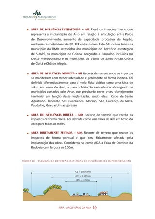 ÁREA DE INFLUÊNCIA ESTRATÉGICA – AIE Prevê os impactos macro que
         representa a implantação do Arco em relação à articulação entre Polos
         de Desenvolvimento, aumento da capacidade produtiva da Região,
         melhoria na mobilidade da BR-101 entre outros. Esta AIE incluiu todos os
         municípios da RMR, acrescidos dos municípios do Território estratégico
         de SUAPE, os municípios de Goiana, Araçoiaba e Paudalho incluídos no
         Oeste Metropolitano, e os municípios de Vitória de Santo Antão, Glória
         de Goitá e Chã de Alegria.


         ÁREA DE INFLUÊNCIA INDIRETA – AII Recorte de terreno onde os impactos
         se manifestam com menor intensidade e geralmente de forma indireta. Foi
         definida diferenciadamente para o meio físico biótico como uma faixa de
         10km em torno do Arco, e para o Meio Socioeconômico abrangendo os
         municípios cortados pelo Arco, que precisarão rever o seu planejamento
         territorial em função desta implantação, sendo eles: Cabo de Santo
         Agostinho, Jaboatão dos Guararapes, Moreno, São Lourenço da Mata,
         Paudalho, Abreu e Lima e Igarassu.

         ÁREA DE INFLUÊNCIA DIRETA – AID Recorte de terreno que recebe os
         impactos de forma direta. Foi definida como uma faixa de 1km em torno do
         Arco para todos os meios.

         ÁREA DIRETAMENTE AFETADA – ADA Recorte de terreno que recebe os
         impactos de forma pontual e que será fisicamente afetada pela
         implantação das obras. Considerou-se como ADA a Faixa de Domínio da
         Rodovia com largura de 100m.



F I GU R A 1 0 – E SQ U EM A DA D E FI N IÇ Ã O D A S Á R EA S DE I N F LU Ê NC I A D O EM P R E E ND IM E N TO




                                    RIMA - ARCO VIÁRIO DA RMR - 29
 
