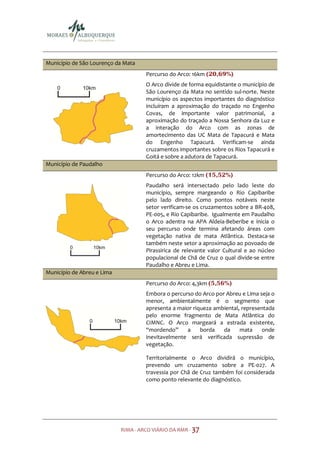 Município de São Lourenço da Mata
                                     Percurso do Arco: 16km (20,69%)
                                     O Arco divide de forma equidistante o município de
                                     São Lourenço da Mata no sentido sul-norte. Neste
                                     município os aspectos importantes do diagnóstico
                                     incluíram a aproximação do traçado no Engenho
                                     Covas, de importante valor patrimonial, a
                                     aproximação do traçado a Nossa Senhora da Luz e
                                     a interação do Arco com as zonas de
                                     amortecimento das UC Mata de Tapacurá e Mata
                                     do Engenho Tapacurá. Verificam-se ainda
                                     cruzamentos importantes sobre os Rios Tapacurá e
                                     Goitá e sobre a adutora de Tapacurá.
Município de Paudalho
                                     Percurso do Arco: 12km (15,52%)
                                     Paudalho será intersectado pelo lado leste do
                                     município, sempre margeando o Rio Capibaribe
                                     pelo lado direito. Como pontos notáveis neste
                                     setor verificam-se os cruzamentos sobre a BR-408,
                                     PE-005, e Rio Capibaribe. Igualmente em Paudalho
                                     o Arco adentra na APA Aldeia-Beberibe e inicia o
                                     seu percurso onde termina afetando áreas com
                                     vegetação nativa de mata Atlântica. Destaca-se
                                     também neste setor a aproximação ao povoado de
                                     Pirassirica de relevante valor Cultural e ao núcleo
                                     populacional de Chã de Cruz o qual divide-se entre
                                     Paudalho e Abreu e Lima.
Município de Abreu e Lima
                                     Percurso do Arco: 4,3km (5,56%)
                                     Embora o percurso do Arco por Abreu e Lima seja o
                                     menor, ambientalmente é o segmento que
                                     apresenta a maior riqueza ambiental, representada
                                     pelo enorme fragmento de Mata Atlântica do
                                     CIMNC. O Arco margeará a estrada existente,
                                     “mordendo”     a     borda   da     mata    onde
                                     inevitavelmente será verificada supressão de
                                     vegetação.

                                     Territorialmente o Arco dividirá o município,
                                     prevendo um cruzamento sobre a PE-027. A
                                     travessia por Chã de Cruz também foi considerada
                                     como ponto relevante do diagnóstico.




                            RIMA - ARCO VIÁRIO DA RMR - 37
 
