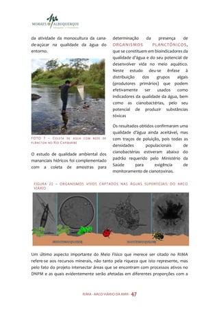 da atividade da monocultura da cana-                   determinação     da     presença    de
de-açúcar na qualidade da água do                      ORGANISMOS           PLANCTÔNICOS,
entorno.                                               que se constituem em bioindicadores da
                                                       qualidade d’água e do seu potencial de
                                                       desenvolver vida no meio aquático.
                                                       Neste estudo deu-se ênfase à
                                                       distribuição   dos     grupos    algais
                                                       (produtores primários) que podem
                                                       efetivamente    ser    usados    como
                                                       indicadores da qualidade da água, bem
                                                       como as cianobactérias, pelo seu
                                                       potencial de produzir substâncias
                                                       tóxicas

                                                       Os resultados obtidos confirmaram uma
                                                       qualidade d’água ainda aceitável, mas
F O TO 7 – C O L E T A D E Á G U A   COM   REDE   DE   com traços de poluição, pois todas as
P LÂNCT ON NO RIO CAPIBARIBE
                                                       densidades       populacionais     de
                                                       cianobactérias estiveram abaixo do
O estudo de qualidade ambiental dos
                                                       padrão requerido pelo Ministério da
mananciais hídricos foi complementado
                                                       Saúde      para       exigência    de
com a coleta de amostras para
                                                       monitoramento de cianotoxinas.

 F I GU R A 2 1 – O R GA N I SM O S V I V O S C A P TA DO S N A S Á GU A S S U P E R FI C IA I S D O A R C O
 VIÁRIO




Um último aspecto importante do Meio Físico que merece ser citado no RIMA
refere-se aos recursos minerais, não tanto pela riqueza que isto represente, mas
pelo fato do projeto intersectar áreas que se encontram com processos ativos no
DNPM e as quais evidentemente serão afetadas em diferentes proporções com a



                                     RIMA - ARCO VIÁRIO DA RMR - 47
 