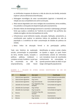 os minifúndios incapazes de absorver a mão de obra de uma família, tentando
         explorar culturas alimentares diversificadas;
         Defasagem tecnológica do setor sucroalcooleiro (agrícola e industrial) em
         relação aos seus competidores do centro-sul do país;
         Meio natural degradado com raros vestígios dos ecossistemas, terras erodidas,
         rios poluídos e ameaçados de desperenização pelo assoreamento;
         Elevados índices de desemprego (estrutural e sazonal) e subemprego, principal
         fonte que explica a existência do "exército de excluídos" das periferias das
         cidades da região e da área metropolitana do recife;
         Infraestrutura social deficiente (saúde, educação, habitação, saneamento...),
         contribuindo para explicar os péssimos índices de qualidade de vida da
         população e a existência da maior concentração de bolsões de pobreza do
         estado;
         Baixo   índice     de       educação        formal         e     de       participação         política.

Todo este histórico de exploração                        identificados os atores sociais citados
secular, concentração na propriedade                     no Quadro a seguir, os quais foram
da terra, tensões sociais, vocações e                    caracterizados através de entrevistas
políticas   públicas,   moldaram      o                  com moradores locais de reconhecido
complexo arranjo fundiário e social que                  conhecimento da comunidade, e
foi     encontrado    na    AID      do                  quando possíveis dados do IBGE no que
empreendimento,       onde       foram                   tange a demografia populacional.


Q U AD R O 9 – R E LA Ç Ã O          DE     A TO R E S   S O C IA I S   I D E N TI FI C AD O S   NA     AID   DO
E M P R E E ND IM E N TO

  N°                Município             Ator social                                   Classificação
     1     Cabo de Santo Agostinho        Usina Bom Jesus                  Usina / Indústria Sucroalcooleira
     5     Cabo de Santo Agostinho        Eng. Guerra                      Comunidade de Engenho
  6        Cabo de Santo Agostinho        Eng. Santo Estevão               Comunidade de Engenho
                                          Eng. Salgadinho / Eng.
     7     Jaboatão dos Guararapes                                         Comunidade de Engenho
                                          Barbalho
  13       Jaboatão dos Guararapes        Eng. Camaço                      Assentamento
  8        Jaboatão dos Guararapes        Eng. Sucupema                    Comunidade de Engenho
                                          Fronteiras / Eng. São
 14        Moreno                                                          Assentamento
                                          Salvador
 15        Moreno                         Eng. Canzanza                    Assentamento
 9         Moreno                         Eng. Caraúna                     Comunidade de Engenho



                                 RIMA - ARCO VIÁRIO DA RMR - 57
 