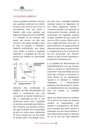 E A QUALIDADE AMBIENTAL ?

O que é qualidade ambiental ? Será que   No outro eixo, a qualidade ambiental
esta qualidade ambiental será melhor     verificada através do diagnóstico do
no futuro com o Arco ou sem o Arco ? O   EIA, mostra igualmente notórias e
entendimento atual para entrar a         constantes pressões com supressão de
filosofar sobre estas questões que       remanescentes florestais, unidades de
fogem do enfoque técnico do EIA/RIMA,    conservação sem vegetação, poluição
é a utilização de um conceito mais       da água, atividades de caça, cultivo de
amplo, que envolve um lado mais          cana nas APPs e outras. Mesmo sem o
humano e não apenas ecológico como       Arco a região não ficará como está. O
se fazia no passado: O DESENVOL-         desenvolvimento irá progressivamente
VIMENTO SUSTENTÁVEL. Com efeito,         abraçando estas áreas ao oeste da RMR
neste critério se fusiona a qualidade    e a pergunta que se faz é: será que sem
ambiental e a qualidade de vida das      um eixo estruturador este desenvol-
pessoas que habitam um determinado       vimento se dará de forma espontânea e
espaço.                                  predatória? Possivelmente sim.

                                         E no CENÁRIO DE IMPLANTAÇÃO DO
                                         EMPREENDIMENTO, será que caminha-
                                         remos em direção do Desenvolvimento
                                         Sustentável? Tudo está fadado para que
                                         assim seja. O projeto é consistente, se
                                         insere dentro de um planejamento
                                         regional e se adotadas as medidas
                                         mitigadoras      e      compensatórias
                                         propostas, não teria porque se verificar
Aplicando esta conceituação ao           um empobrecimento das comunidades,
CENÁRIO DE NÃO IMPLANTAÇÃO DO            nem um declínio na qualidade
ARCO e considerando que este             ambiental.
corresponde ao Cenário Tendencial, ou
                                         Agora, este Desenvolvimento Sustentá-
seja, à continuação do que se tem
                                         vel na AID do Arco Viário não depende
atualmente, vemos como a qualidade
                                         somente do empreendedor, mas
de vida das comunidades que habitam a
                                         também e principalmente, das prefei-
AID é precária, com péssimos acessos,
                                         turas municipais que devem priorizar a
sem água encanada, sem a propriedade
                                         atualização dos seus Planos Diretores e
da terra em muitos casos, trabalhando
                                         fazer efetivamente cumprir as diretrizes
de forma sazonal, sem voz nem poder
                                         de uso do solo que sejam definidas.
de decisão sobre o seu próprio futuro.


                         RIMA - ARCO VIÁRIO DA RMR - 87
 