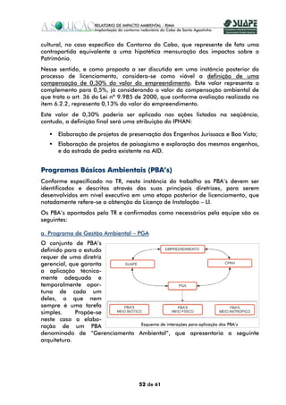 cultural, no caso específico do Contorno do Cabo, que represente de fato uma
contrapartida equivalente a uma hipotética mensuração dos impactos sobre o
Patrimônio.
Nesse sentido, e como proposta a ser discutida em uma instância posterior do
processo de licenciamento, considera-se como viável a definição de uma
compensação de 0,30% do valor do empreendimento. Este valor representa o
complemento para 0,5%, já considerando o valor da compensação ambiental de
que trata o art. 36 da Lei nº 9.985 de 2000, que conforme avaliação realizada no
item 6.2.2, representa 0,13% do valor do empreendimento.
Este valor de 0,30% poderia ser aplicado nas ações listadas na seqüência,
contudo, a definição final será uma atribuição do IPHAN:

      Elaboração de projetos de preservação dos Engenhos Jurissaca e Boa Vista;
      Elaboração de projetos de paisagismo e exploração dos mesmos engenhos,
      e da estrada de pedra existente na AID.


Programas Básicos Ambientais (PBA’s)
Conforme especificado no TR, nesta instância do trabalho os PBA’s devem ser
identificados e descritos através das suas principais diretrizes, para serem
desenvolvidos em nível executivo em uma etapa posterior de licenciamento, que
notadamente refere-se a obtenção da Licença de Instalação – LI.
Os PBA’s apontados pelo TR e confirmados como necessários pela equipe são os
seguintes:

a. Programa de Gestão Ambiental – PGA
O conjunto de PBA’s
definido para o estudo
requer de uma diretriz
gerencial, que garanta
a aplicação técnica-
mente adequada e
temporalmente opor-
tuna de cada um
deles, o que nem
sempre é uma tarefa
simples.     Propõe-se
neste caso a elabo-
                              Esquema de interações para aplicação dos PBA’s
ração de um PBA
denominado de “Gerenciamento Ambiental”, que apresentaria a seguinte
arquitetura.




                                   52 de 61
 