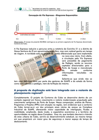 Concepção da Via Expressa – Diagrama Esquemático




Observações: O escopo do presente EIA/RIMA restringe-se ao primeiro segmento da Via Expressa denominado:
Contorno do Cabo.


A Via Expressa reduzirá o percurso entre a rotatória da Caninha 51 e o distrito de
Nossa Senhora do Ó em aproximadamente 5km, mas com notável ganho em tempo
de viagem. A novidade está no modelo de gestão diferenciado que será implantado
                                                   no novo eixo viário. Com efeito,
                                                   a circulação pela Via Expressa
                                                   será precedida de pagamento
                                                   de Pedágio, sendo os recursos
                                                   captados direcionados para o
                                                   Porto de Suape e manutenção
                                                   da       estrada       conforme
                                                   informações     veiculadas   na
                                                   mídia.
                                                 Salienta-se que ainda não se
tem uma definição clara por parte dos gestores de SUAPE e do estado da forma
como será cobrado o pedágio, nem da tarifação do mesmo.


A proposta de duplicação está bem integrada com o restante do
planejamento regional?
Completamente. O projeto do Contorno do Cabo se desenvolve dentro de um
contexto regional em franco crescimento e notória modernização propulsada pelo
crescimento vertiginoso do Porto de Suape. Nessa composição, análise de Planos,
Programas e Projetos (PPPs) com atuação na região, vem evidenciar que o contorno
do Cabo tornar-se-á um dos principais eixos viários de acesso ao Complexo
Industrial de SUAPE, oferecendo maior capacidade de interligação, fluidez e
mobilidade, ampliando, deste modo, a expectativa econômica e o território de
oportunidades na região desse Complexo. Essa via, que também desviará o trânsito
da área urbana do Cabo, servirá ao desenvolvimento estadual, ao mesmo tempo
em que propiciará um maior grau de segurança e menor espaço de tempo de
deslocamento.




                                            7 de 61
 