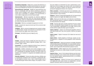 RELATÓRIO DE
IMPACTO
               Densidade de População - Razão entre o número de habitantes e a
               área da unidade espacial ou político-administrativa em que vivem.
                                                                                      duo para integrar-se criticamente ao meio, questionando a socie-
                                                                                      dade junto à sua tecnologia, seus valores e até o seu cotidiano de
                                                                                                                                                                   6
AMBIENTAL      Expressa em habitantes por hectare ou por quilômetro quadrado.         consumo, de maneira a ampliar sua visão de mundo numa pers-             GLOSSÁRIO
PORTO SUL                                                                             pectiva de integração do homem com a natureza.
               Desenvolvimento Sustentado - Modelo de desenvolvimento que
               leva em consideração, além dos fatores econômicos, aqueles de          Efeito cumulativo - Fenômeno que ocorre com inseticidas e com-
               caráter social e ecológico, assim como as disponibilidades dos re-     postos radioativos que se concentram nos organismos terminais da
               cursos vivos e inanimados, as vantagens e os inconvenientes, a         cadeia alimentar, como o homem.
               curto, médio e longo prazos, de outros tipos de ação.
                                                                                      Endêmico - Relativo à distribuição geográfica de uma determinada
               Desmatamento - Retirada (supressão) da cobertura vegetal de            espécie a apenas uma região, tipo vegetacional ou bioma.
               uma determinada área, para outro uso, como pecuária, agricultu-
                                                                                      Epífita - Planta que vive sobre outra, sem dela tirar a sua alimenta-
               ra, expansão urbana ou implantação de empreendimentos. Corte
                                                                                      ção, aproveitando apenas as melhores condições de luminosidade
               de matas e florestas, para comercialização.
                                                                                      no extrato florestal mais elevado.
               Diversidade - Número ou variedade de espécies em um local.
                                                                                      Erosão - Processo pelo qual a camada superficial do solo ou partes
               Dossel - Conjunto das copas das árvores que forma o estrato supe-      do solo é retirada pelo impacto de gotas de chuva, ventos e ondas
               rior da floresta.                                                      e são transportadas e depositadas em outro lugar. Inicia-se como
                                                                                      erosão laminar e pode até atingir o grau de voçoroca.
               Dragagem - Obra ou serviço de engenharia que consiste na limpe-
               za, desobstrução, remoção, derrocamento ou escavação de mate-          Espécie Endêmica - Espécie com distribuição geográfica restrita a
               rial do fundo de rios, lagos, mares, baías e canais.                   uma determinada área. Para certos autores, sinônimo de espécie
                                                                                      nativa.
               Drenagem - Remoção do excesso de água do solo.
                                                                                      Espécie Exótica - Espécie introduzida num hábitat de onde não é

               E                                                                      originária.
                                                                                      Espécie Nativa - Espécie vegetal ou animal que, suposta ou com-
                                                                                      provadamente, é originária da área geográfica onde atualmente
               Ecologia - Ciência que estuda a relação dos seres vivos entre si e     ocorre.
               com o ambiente físico. Palavra originada do grego: oikos = casa,       Espécie Oportunista - Aquela que apresenta estratégia adaptativa
               moradia + logos = estudo.                                              caracterizada por grande flexibilidade, sem especialização acentua-
               Ecossistema - é o conjunto integrado de fatores físicos, químicos e    da para nenhuma situação ambiental permanente ou particular,
               bióticos, que caracterizam um determinado lugar.                       porém, capaz de aproveitar eficientemente qualquer recurso.
               Ecoturismo - também conhecido como turismo ecológico é a ativi-        Espécie Pioneira - Espécie vegetal que inicia a ocupação de áreas
               dade de lazer em que o homem busca, por necessidade e por direi-       desabitadas de plantas em razão da ação do homem ou de forças
               to, a revitalização da capacidade interativa e do prazer lúdico nas    naturais.
               relações com a natureza. É o segmento da atividade turística que       Espécies Críticas - Duas ou mais espécies distintas que são errone-
               desenvolve.                                                            amente classificadas com o mesmo nome. Do ponto de vista gené-
               Educação Ambiental - Conjunto de ações educativas voltadas para        tico, são espécies isoladas reprodutivamente entre si, no entanto,
               a compreensão da dinâmica dos ecossistemas, considerando efei-         morfologicamente idênticas.
               tos da relação do homem com o meio, a determinação social e            Espécies Migratórias - Espécies de animais que se deslocam de
               a variação/evolução histórica dessa relação. Visa preparar o indiví-   uma região para outra, quase sempre com regularidade e precisão
                                                                                      espacial e temporal, devido ao mecanismo instintivo.                        107
 