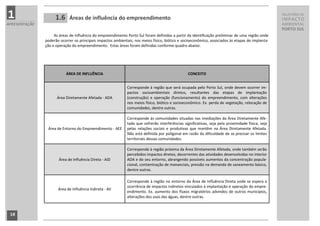 1                   1.6     Áreas de influência do empreendimento
                                                                                                                                                   RELATÓRIO DE
                                                                                                                                                   IMPACTO
APRESENTAÇÃO                                                                                                                                       AMBIENTAL
                                                                                                                                                   PORTO SUL
                    As áreas de influência do empreendimento Porto Sul foram definidas a partir da identificação preliminar de uma região onde
               poderão ocorrer os principais impactos ambientais, nos meios físico, biótico e socioeconômico, associados às etapas de implanta-
               ção e operação do empreendimento. Estas áreas foram definidas conforme quadro abaixo:




                          ÁREA DE INFLUÊNCIA                                                     CONCEITO


                                                             Corresponde à região que será ocupada pelo Porto Sul, onde devem ocorrer im-
                                                             pactos socioambientais diretos, resultantes das etapas de implantação
                     Área Diretamente Afetada - ADA          (construção) e operação (funcionamento) do empreendimento, com alterações
                                                             nos meios físico, biótico e socioeconômico. Ex. perda de vegetação, relocação de
                                                             comunidades, dentre outras.

                                                             Corresponde às comunidades situadas nas imediações da Área Diretamente Afe-
                                                             tada que sofrerão interferências significativas, seja pela proximidade física, seja
                Área de Entorno do Empreendimento - AEE      pelas relações sociais e produtivas que mantêm na Área Diretamente Afetada.
                                                             Não está definida por poligonal em razão da dificuldade de se precisar os limites
                                                             territoriais dessas comunidades.

                                                             Corresponde à região próxima da Área Diretamente Afetada, onde também serão
                                                             percebidos impactos diretos, decorrentes das atividades desenvolvidas no interior
                      Área de Influência Direta - AID        ADA e do seu entorno, abrangendo possíveis aumentos da concentração popula-
                                                             cional, contaminação de mananciais, pressão na demanda de saneamento básico,
                                                             dentre outras.

                                                             Corresponde à região no entorno da Área de Influência Direta onde se espera a
                                                             ocorrência de impactos indiretos vinculados à implantação e operação do empre-
                      Área de Influência Indireta - AII
                                                             endimento. Ex. aumento dos fluxos migratórios advindos de outros municípios,
                                                             alterações dos usos das águas, dentre outras.



 18
 
